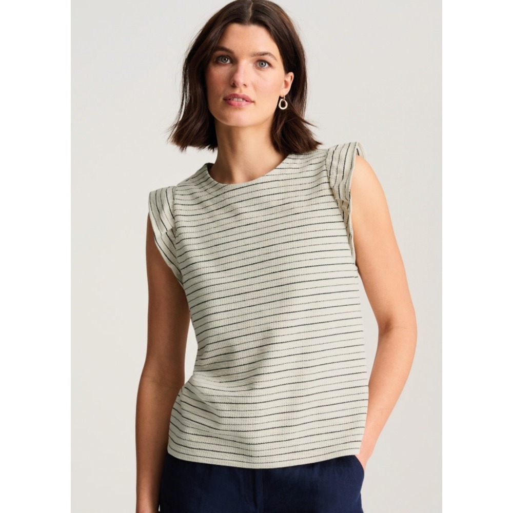 LOFT Coastal French Cottage Chic Striped Top Women L Cream Ruffle Cap Sleeve Rib